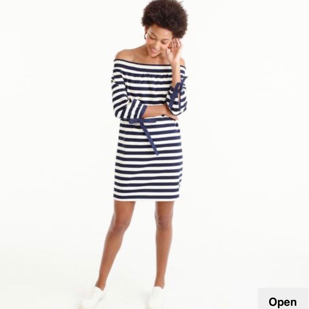 NWT JCREW Navy/Ivory Muslin Off Shoulder Dress SzL